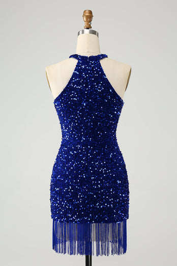 Sparkly Lilac Bodycon Halter Tassel Sequins Party Dress