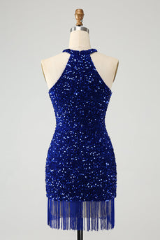 Sparkly Royal Blue Bodycon Halter Sequin Party Dress with Tassel