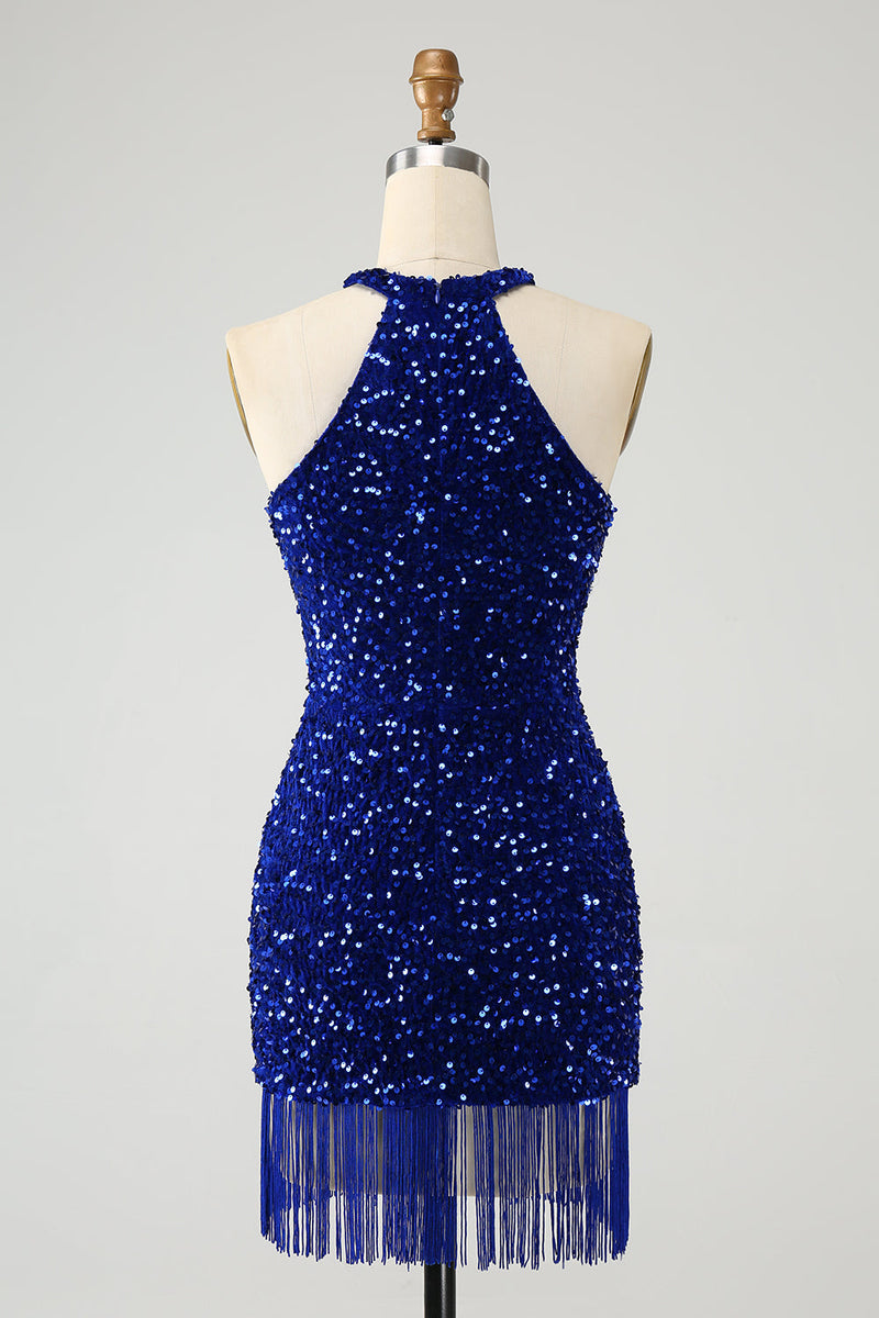 Load image into Gallery viewer, Sparkly Royal Blue Bodycon Halter Sequin Party Dress with Tassel