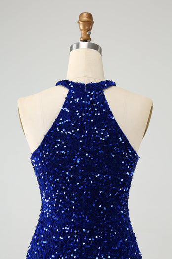 Sparkly Royal Blue Bodycon Halter Sequin Party Dress with Tassel