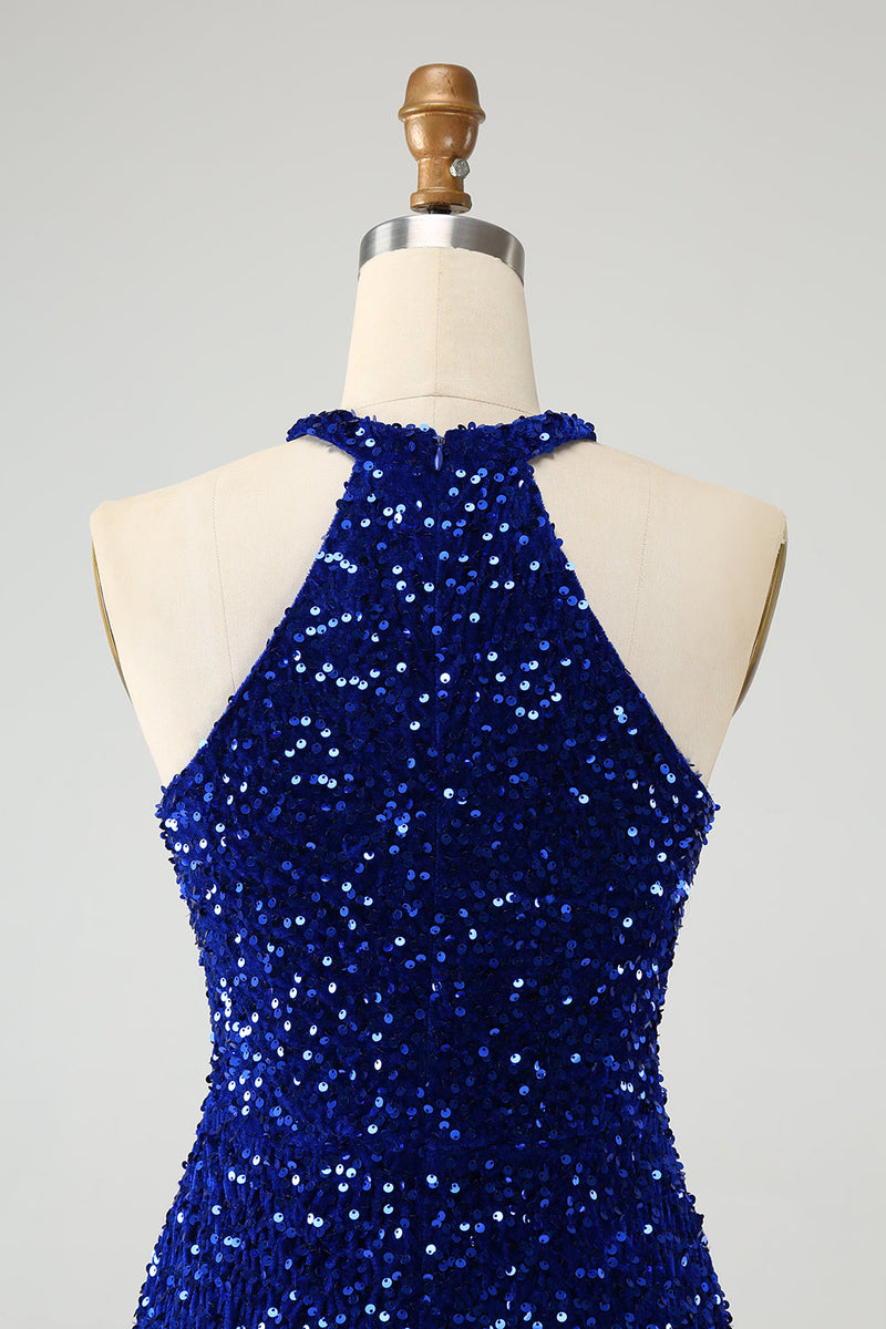 Load image into Gallery viewer, Sparkly Royal Blue Bodycon Halter Sequin Party Dress with Tassel