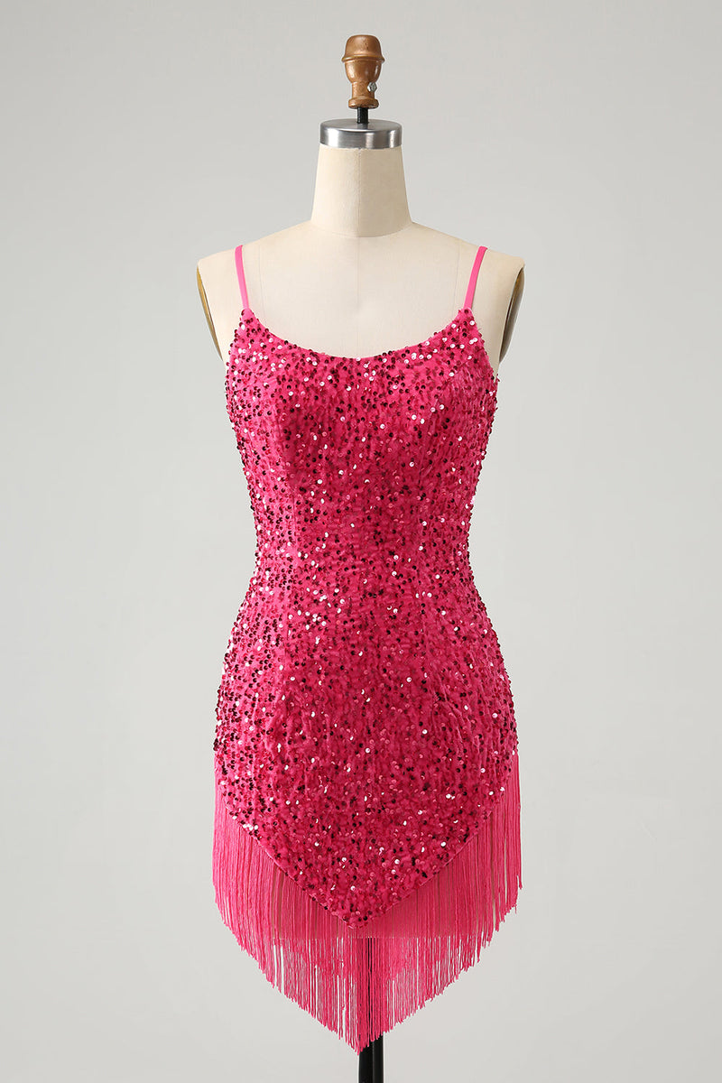 Load image into Gallery viewer, Fuchsia Sequins Spaghetti Straps Party Dress with Tassels