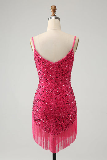 Fuchsia Sequins Spaghetti Straps Party Dress with Tassels