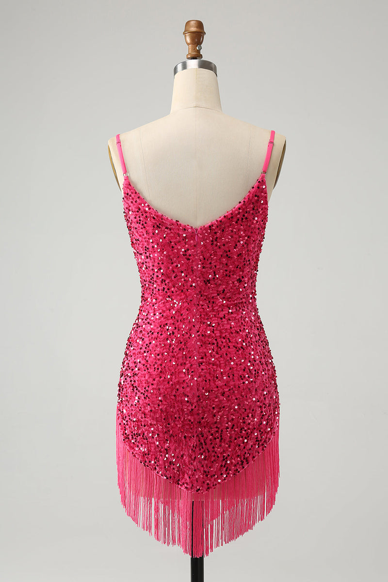 Load image into Gallery viewer, Fuchsia Sequins Spaghetti Straps Party Dress with Tassels