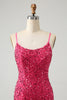 Load image into Gallery viewer, Fuchsia Sequins Spaghetti Straps Party Dress with Tassels