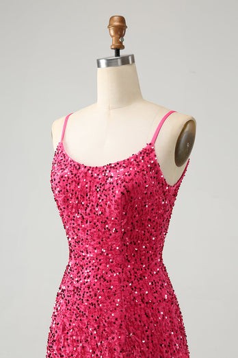 Fuchsia Sequins Spaghetti Straps Party Dress with Tassels