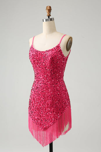 Fuchsia Sequins Spaghetti Straps Party Dress with Tassels