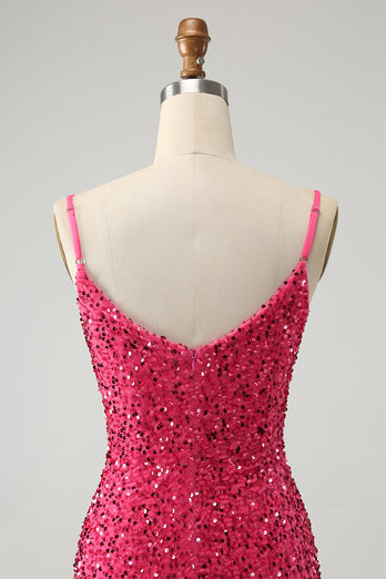 Fuchsia Sequins Spaghetti Straps Party Dress with Tassels