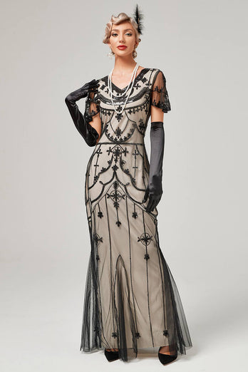 Black Blush Sequins Long 1920s Gatsby Dress