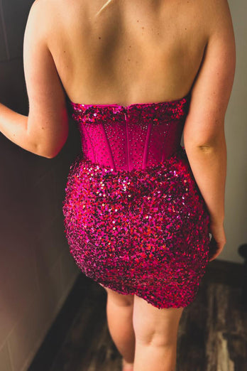 Glitter Fuchsia Strapless Beaded Sequins Corset Party Dress