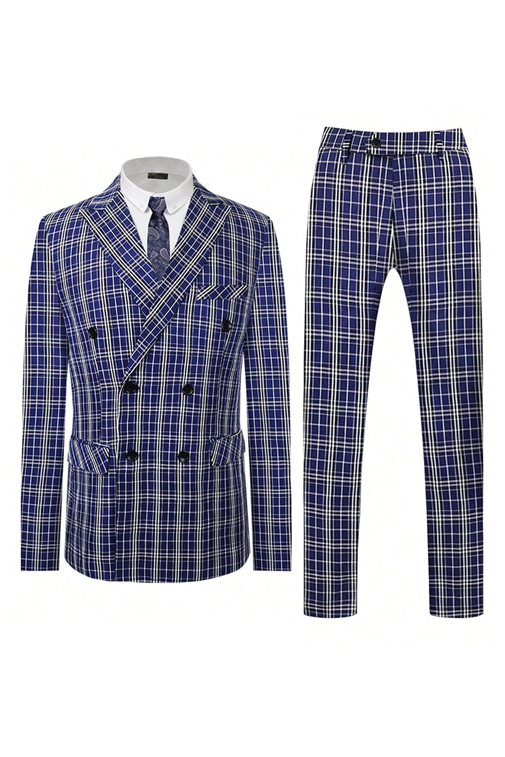 Royal Blue Plaid Peak Lapel Double Breasted 2 Piece Men's Suit