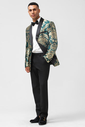 Dark Green Shawl Lapel Jacquard One Button Men's Prom Blazer