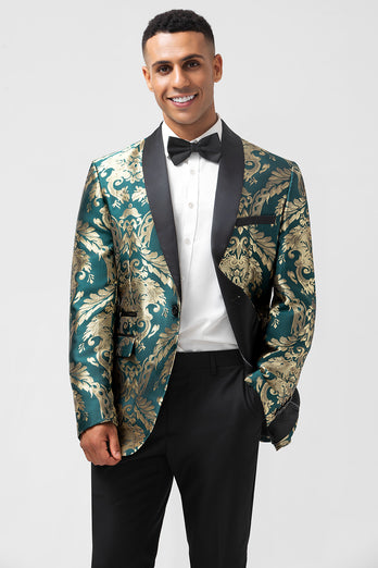 Dark Green Shawl Lapel Jacquard One Button Men's Prom Blazer