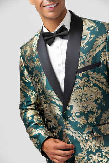 Dark Green Shawl Lapel Jacquard One Button Men's Prom Blazer