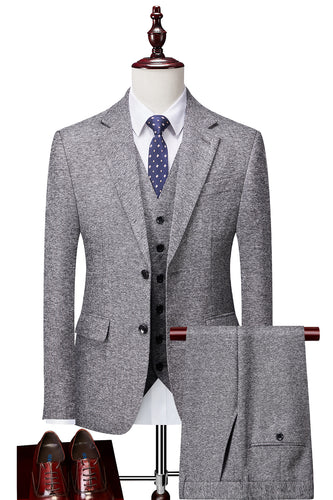 Grey 3 Piece Tweed Notched Lapel Men's Prom Suits