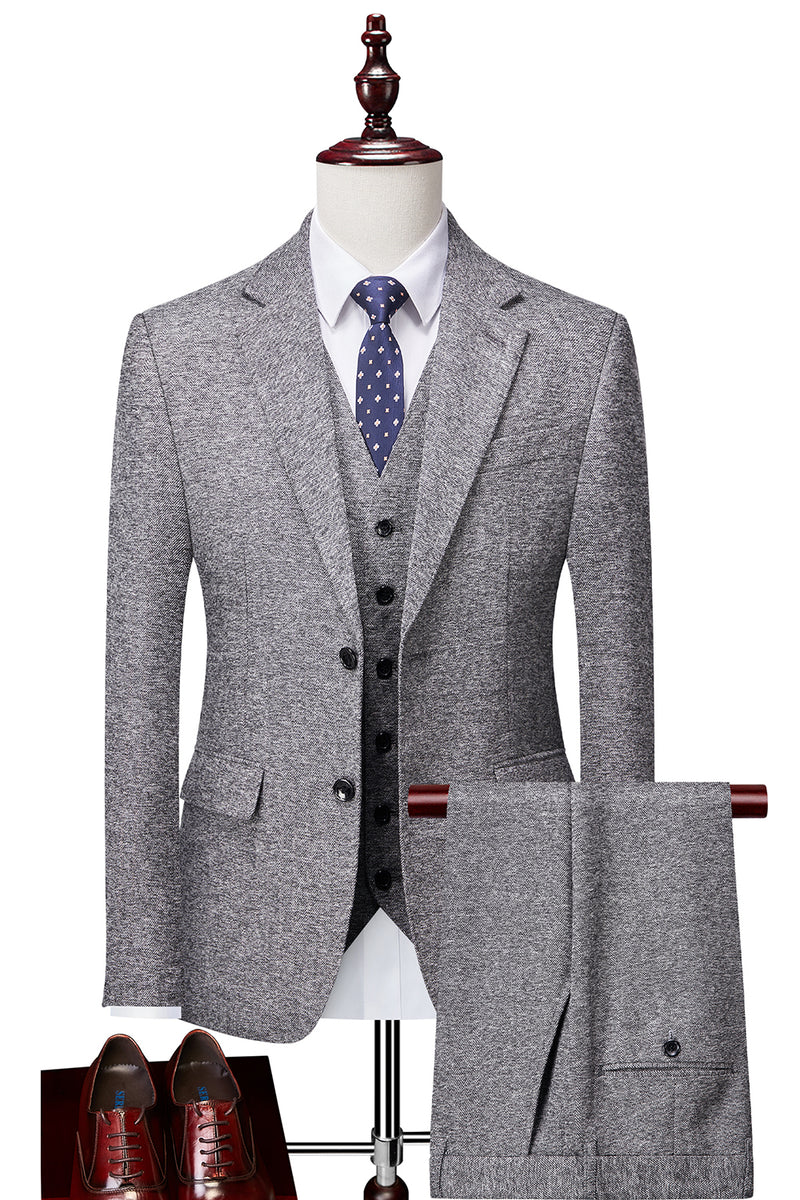 Load image into Gallery viewer, Grey 3 Piece Tweed Notched Lapel Men&#39;s Prom Suits