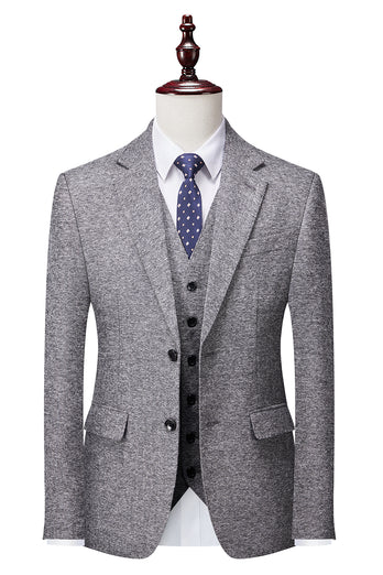 Grey 3 Piece Tweed Notched Lapel Men's Prom Suits