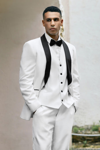 White 3 Pieces Shawl Lapel One Button Men's Prom Suits