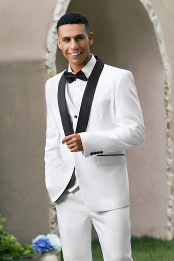 White 3 Pieces Shawl Lapel One Button Men's Prom Suits