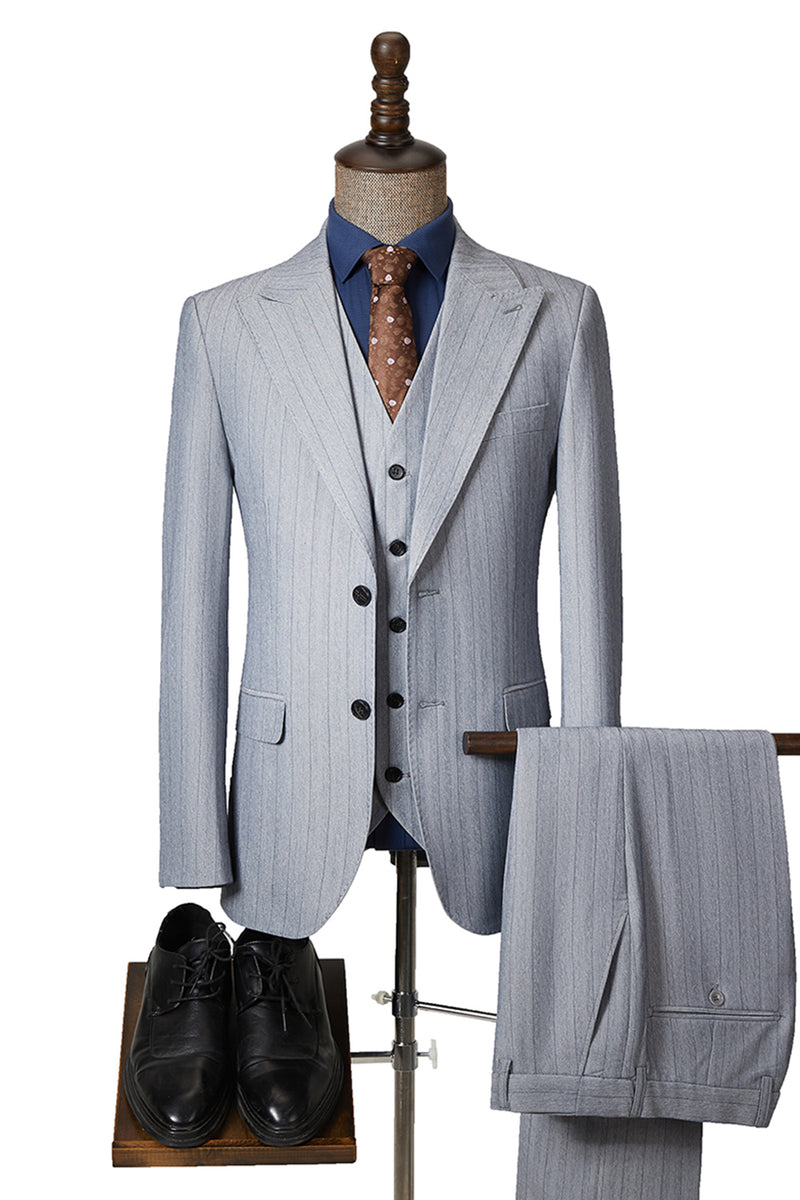 Load image into Gallery viewer, Grey 3 Piece Pinstripe Peak Lapel Men&#39;s Prom Suits