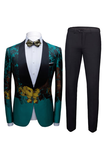 Peacock Green Shawl Lapel Floral Prints Men's Prom Blazer