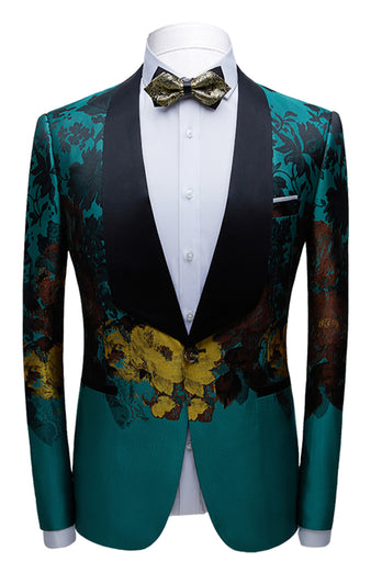 Peacock Green Shawl Lapel Floral Prints Men's Prom Blazer