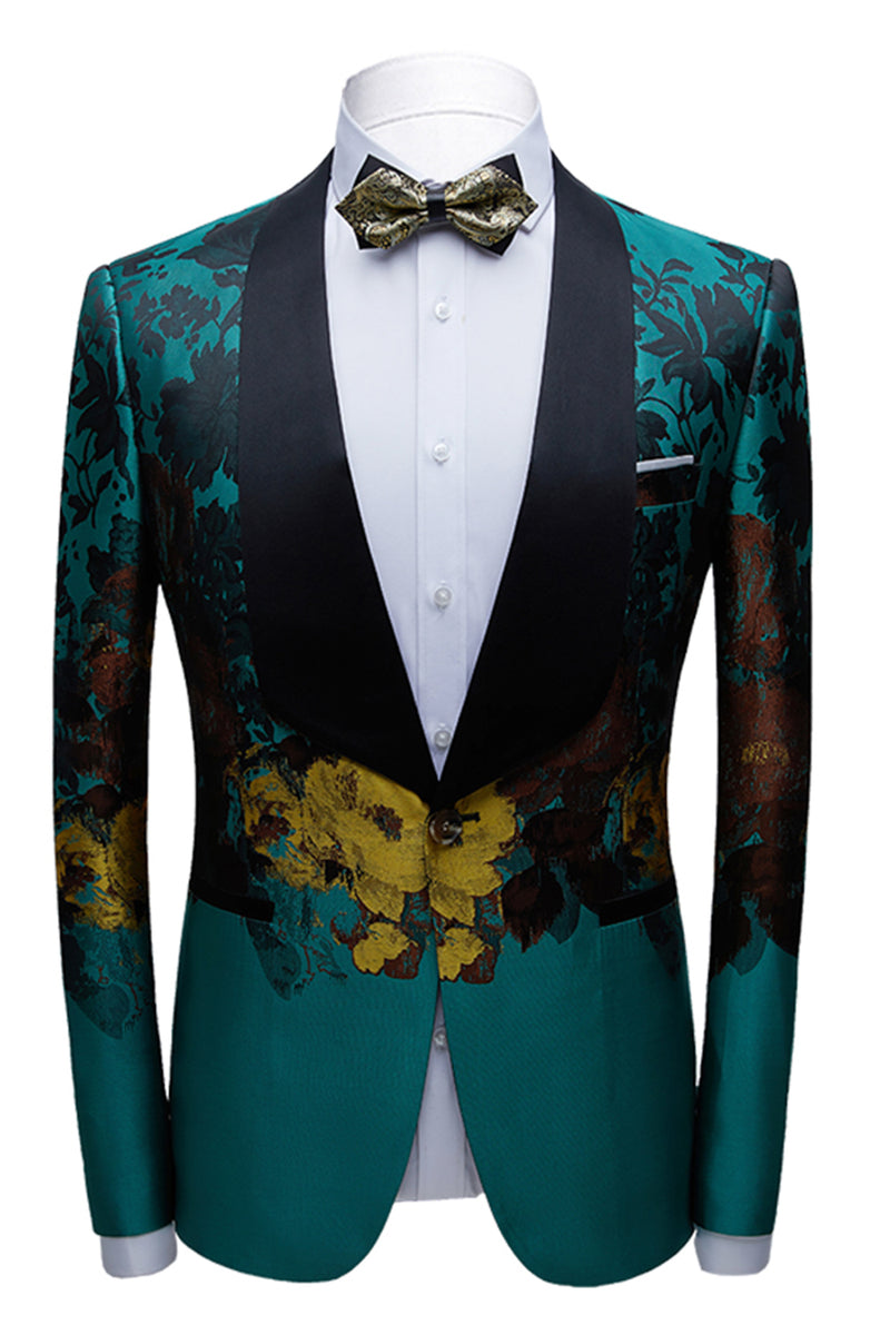 Load image into Gallery viewer, Peacock Green Shawl Lapel Floral Prints Men&#39;s Prom Blazer