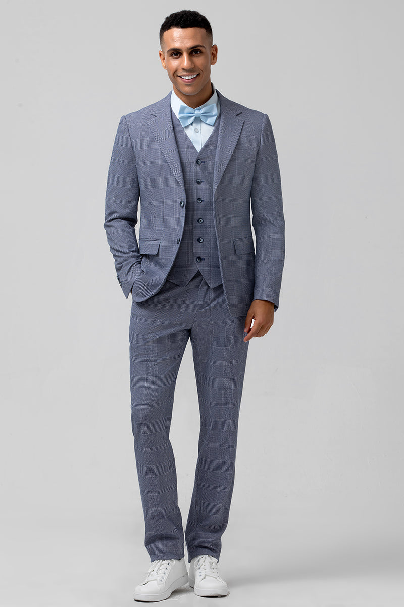 Load image into Gallery viewer, Grey Blue 3 Pieces Notched Lapel Plaid Men&#39;s Wedding Party Suits