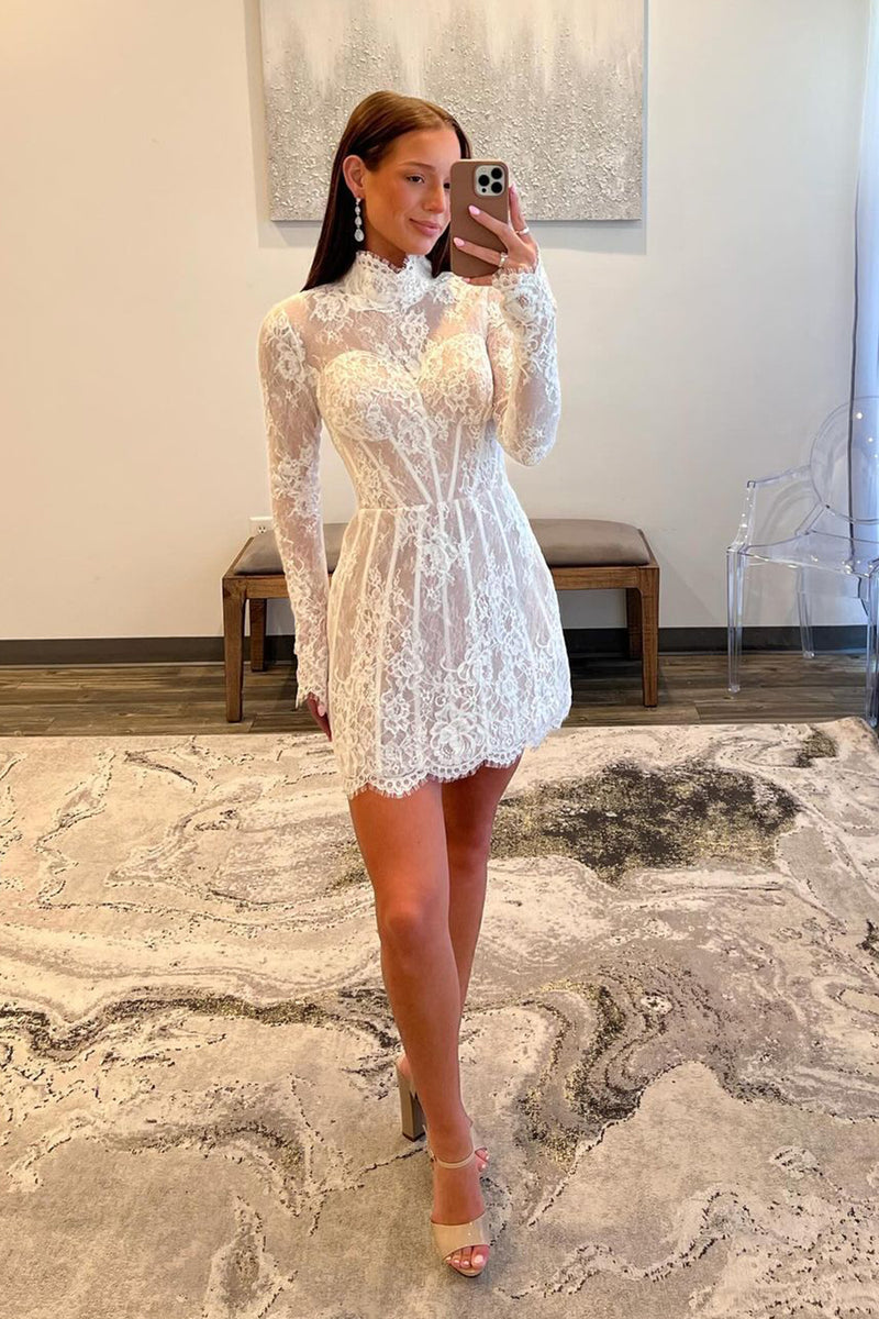 Load image into Gallery viewer, White A-Line Lace Long Sleeves High Neck Short Prom Dress