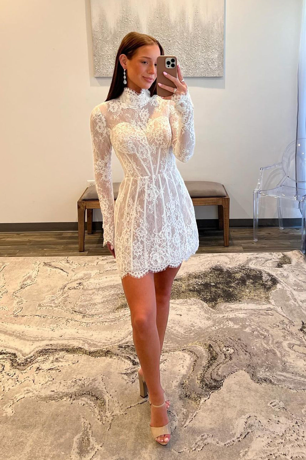 White A-Line Lace Long Sleeves High Neck Short Prom Dress