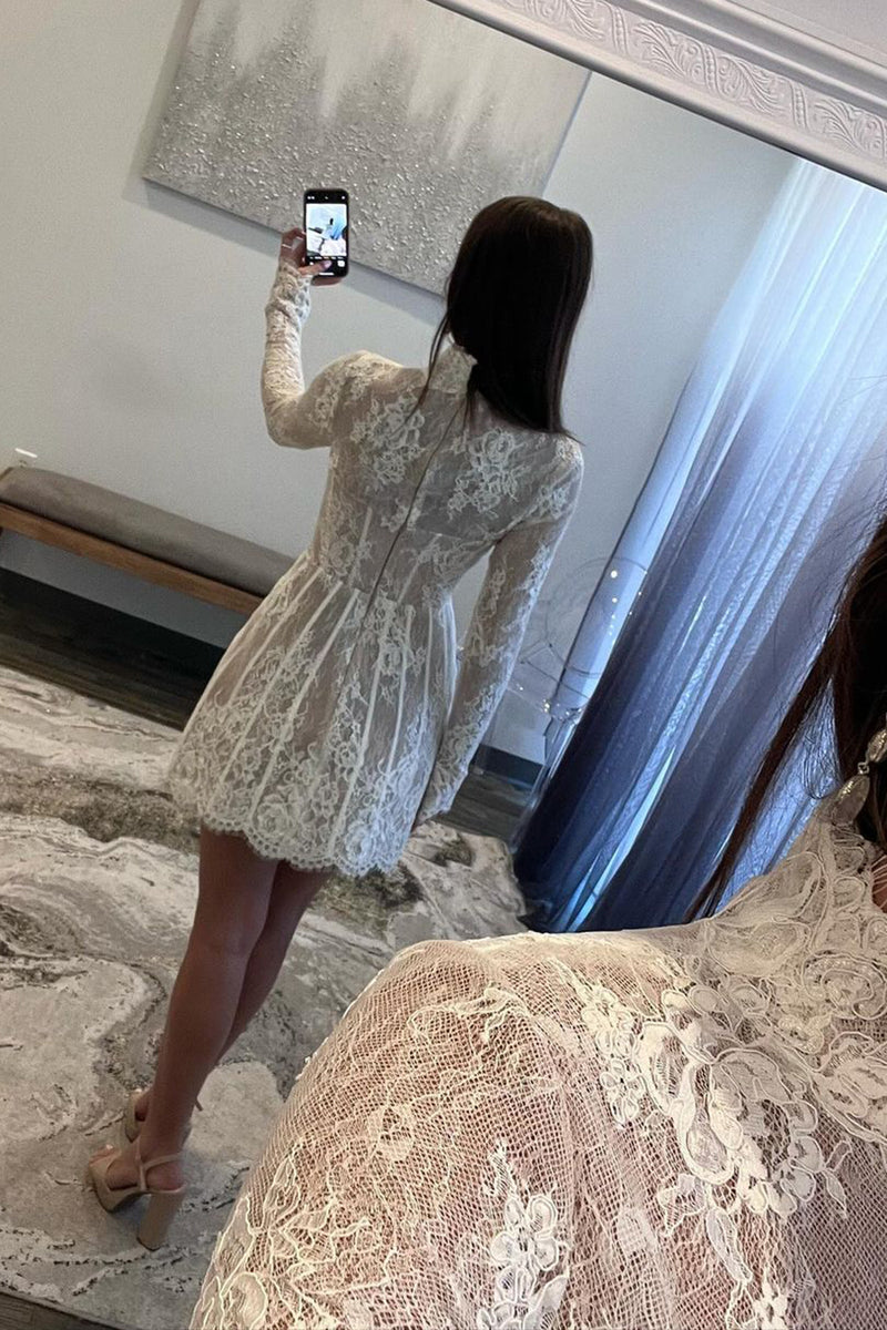 Load image into Gallery viewer, White A-Line Lace Long Sleeves High Neck Short Prom Dress