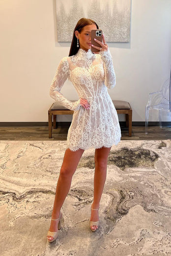 White A-Line Lace Long Sleeves High Neck Short Prom Dress