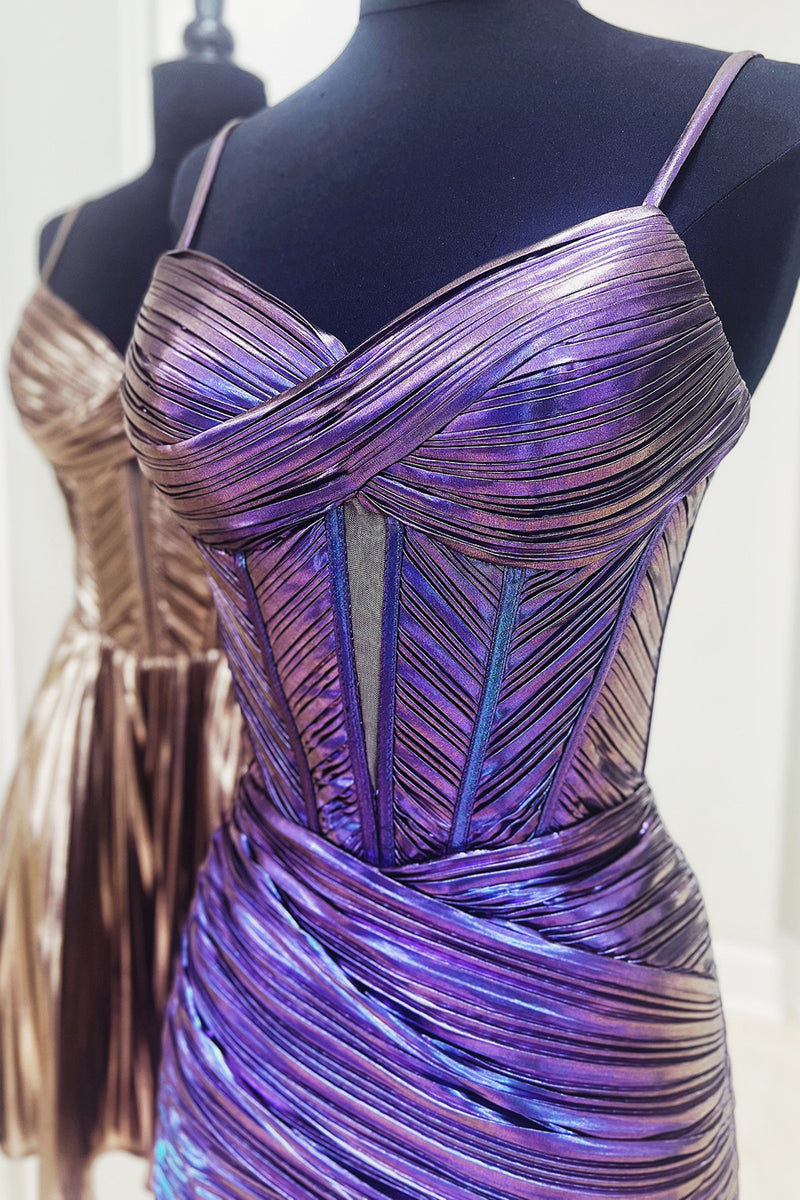 Load image into Gallery viewer, Metallic Spaghetti Straps Corset Ruched Short Prom Dress