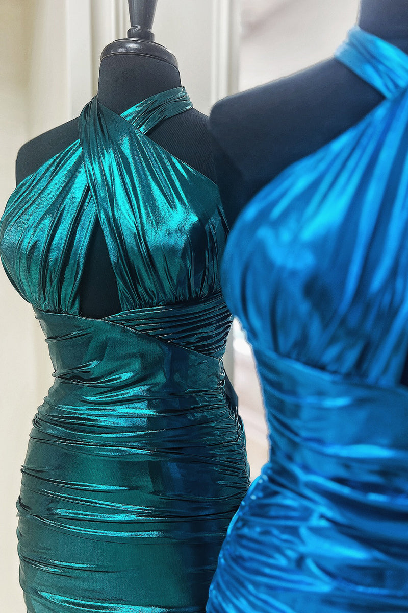 Load image into Gallery viewer, Metallic Emerald Green Tight Halter Ruched Short Prom Dress