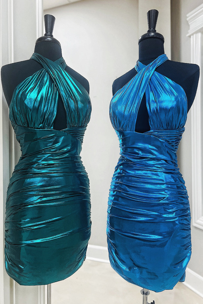 Load image into Gallery viewer, Metallic Emerald Green Tight Halter Ruched Short Prom Dress