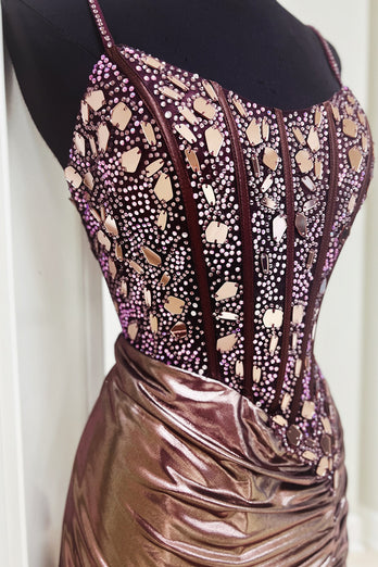 Sparkly Rose Gold Mirrors Corset Metallic Ruched Short Prom Dress