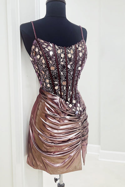 Sparkly Rose Gold Mirrors Corset Metallic Ruched Short Prom Dress