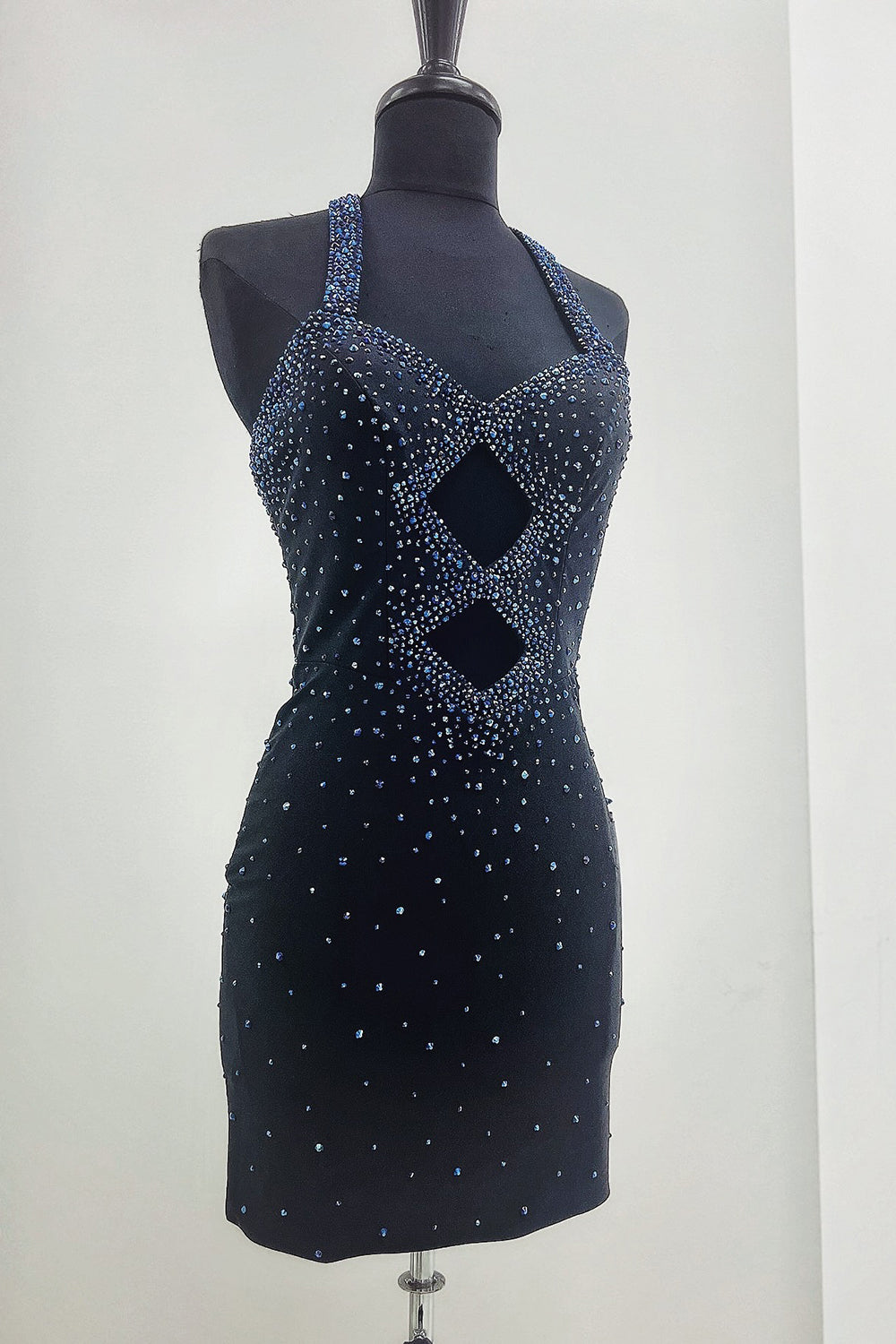 Sparkly Navy Bodycon Beaded Halter Hollow Out Short Prom Dress