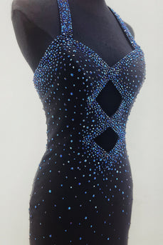 Sparkly Navy Bodycon Beaded Halter Hollow Out Short Prom Dress