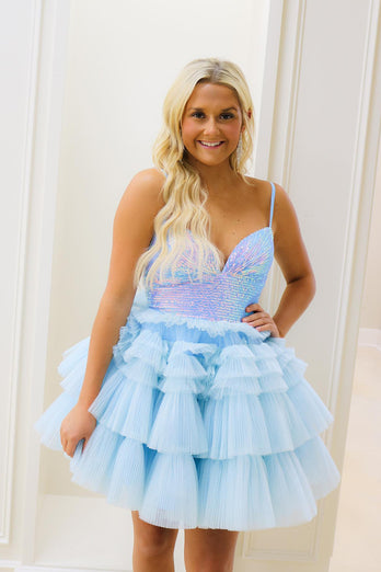 Sparkly Light Blue A-Line Tiered Sequins Spaghetti Straps Short Prom Dress