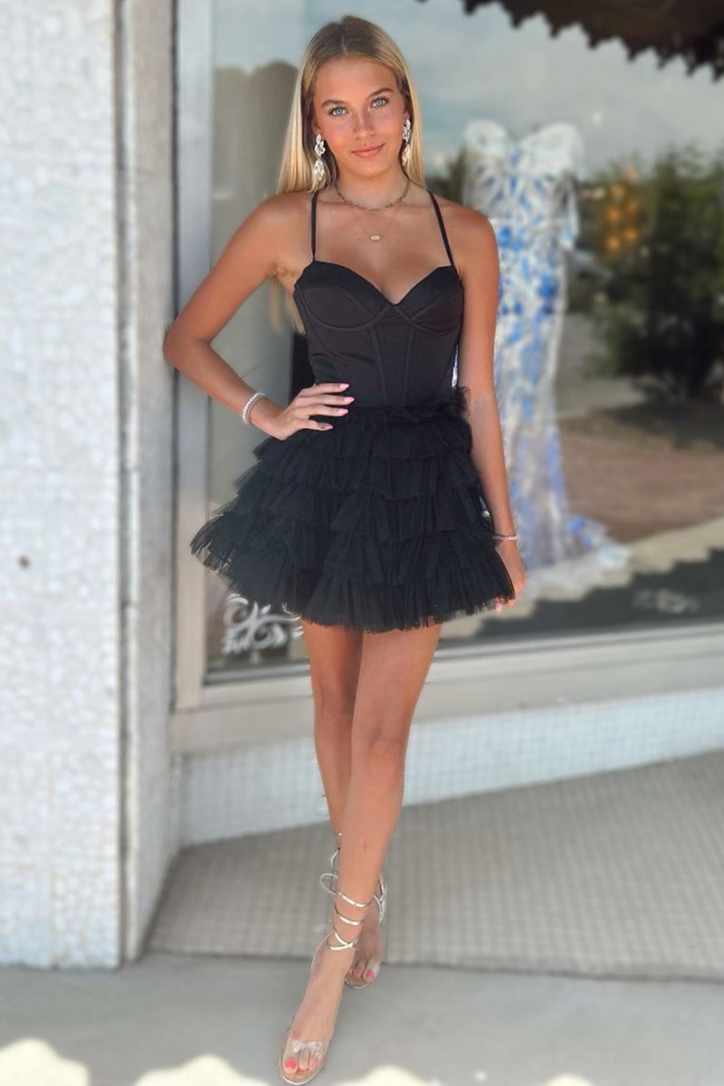 Load image into Gallery viewer, Black A-Line Spaghetti Straps Corset Tiered Tulle Short Prom Dress