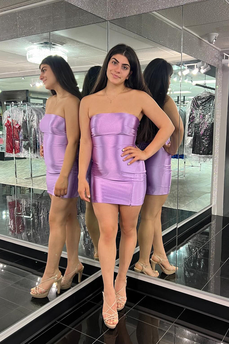 Load image into Gallery viewer, Lilac Satin Tight Strapless Short Prom Dress