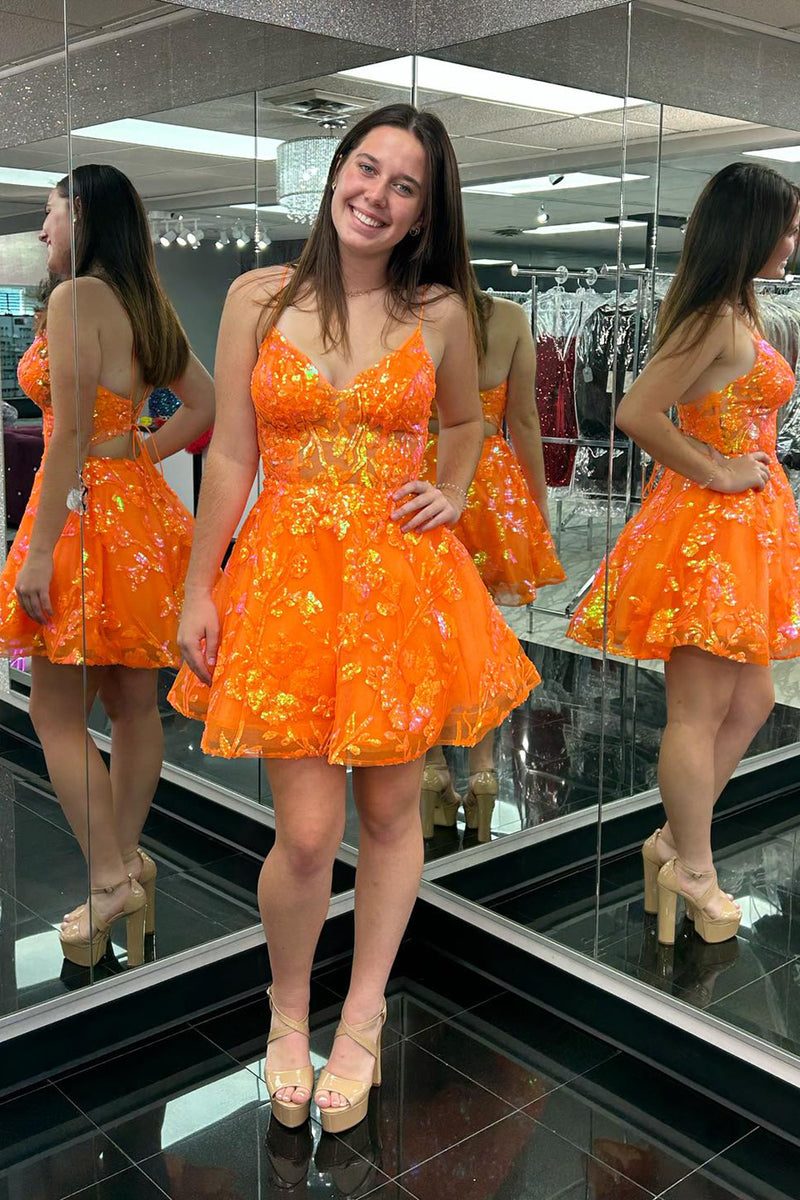 Load image into Gallery viewer, Sparkly Orange A-Line Sequined Embroidery Spaghetti Straps Short Prom Dress