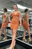 Load image into Gallery viewer, Sparkly Orange Tight Sequins Spaghetti Straps Short Prom Dress