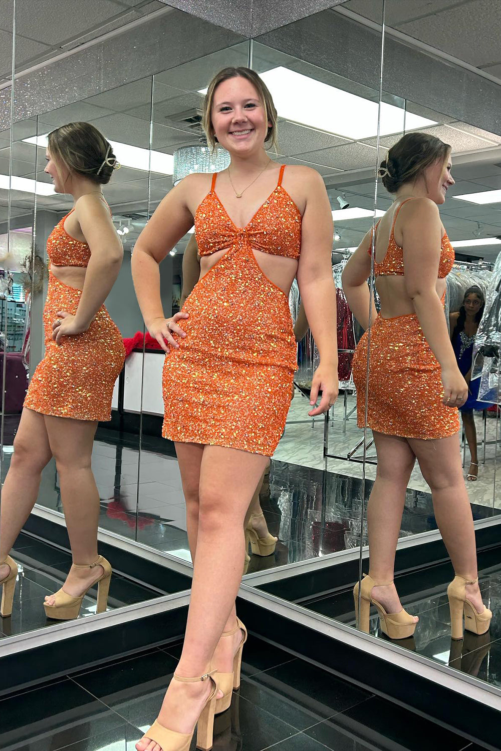 Sparkly Orange Tight Sequins Spaghetti Straps Short Prom Dress