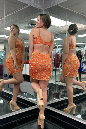 Sparkly Orange Tight Sequins Spaghetti Straps Short Prom Dress