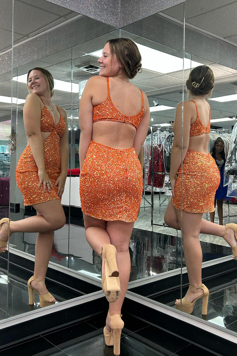 Load image into Gallery viewer, Sparkly Orange Tight Sequins Spaghetti Straps Short Prom Dress