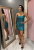 Load image into Gallery viewer, Sparkly Turquoise Tight Sequins Lace-Up Short Prom Dress