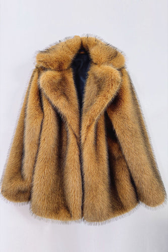 Brown Open Front Shaggy Faux Fur Women's Coat