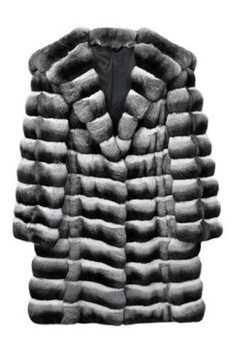 Grey White Notched Lapel Striped Long Shearling Coat